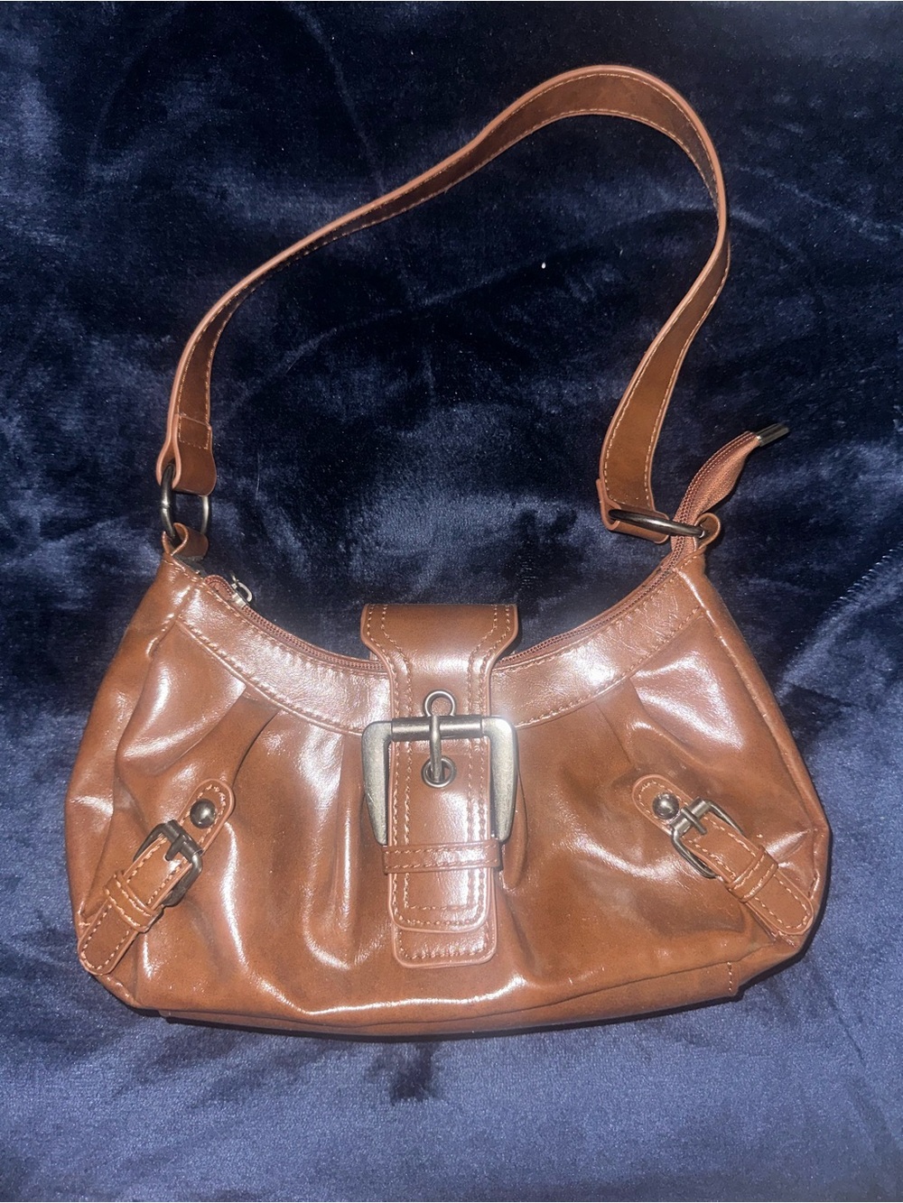 Classic Brown Leatherette Shoulder Bag with Buckle Detail
